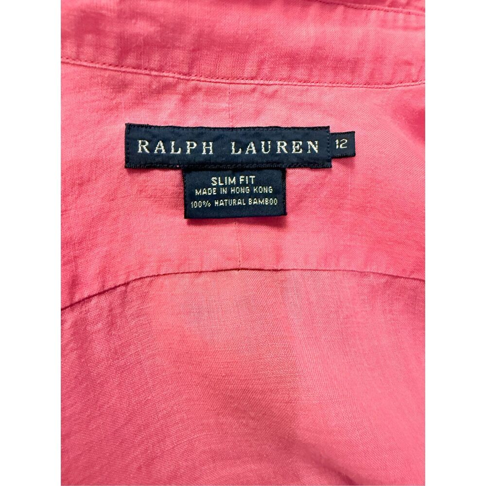 Ralph Lauren Slim Fit Bamboo Pink Button Down Women's 12 Green Pony Rare - Picture 11 of 12